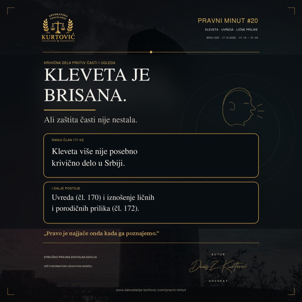 Pravni minut #20 — Kleveta je brisana, ali zaštita časti nije nestala